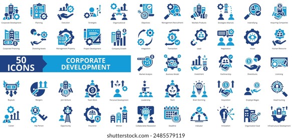 Corporate development icon collection set. Containing planning, execution, strategies, organizational, objectives, management recruitment, markets products icon. Simple flat vector.