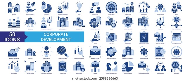 Corporate Development icon collection set. Containing merger, employee benefit, value, performance, competitive icon. Simple flat vector.