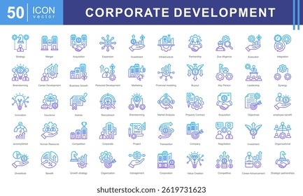 Conjunto de coleta de ícones de Desenvolvimento Corporativo. Contendo planejamento, execução, estratégias, organização, objetivos, recrutamento de gerenciamento, ícone de produtos de mercados. Ilustração de vetor simples.