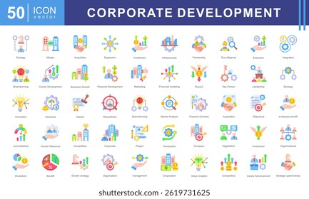 Corporate Development icon collection set. Containing planning, execution, strategies, organizational, objectives, management recruitment, markets products icon. Simple vector illustration.