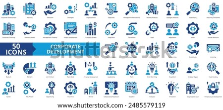Corporate development icon collection set. Containing planning, execution, strategies, organizational, objectives, management recruitment, markets products icon. Simple flat vector.