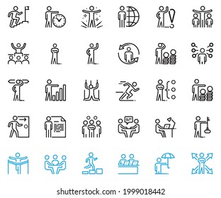 Conjunto de iconos de desarrollo corporativo de iconos de línea de vectores relacionados con el gestor. Incluye Icons como director, jefe, empresario, personal, equipo, negocios, empresa, audiencia y más.