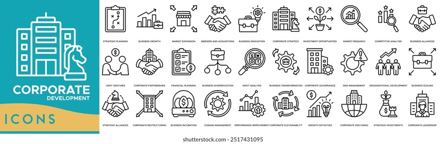 Icono del desarrollo Corporativa. Planificación Estratégica, Crecimiento Empresarial, Expansión del Mercado, Innovación Empresarial, Fusiones y Adquisiciones