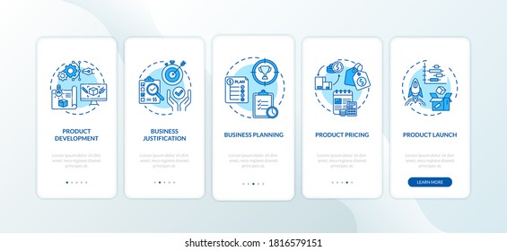Corporate development onboarding mobile app page screen with concepts. Business plan. Product management walkthrough 5 steps graphic instructions. UI vector template with RGB color illustrations