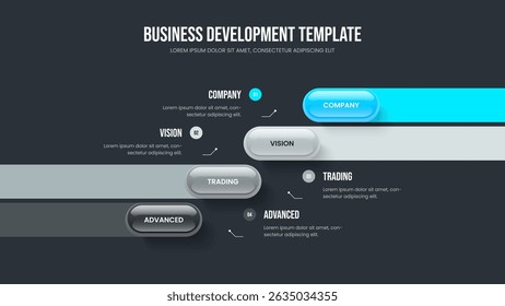 Corporate Development Slideshow Template Vector Illustration. Modern Launch 4 Step Infographic Presentation Layout. Advertising Insight Four Option Diagram Slide Design.