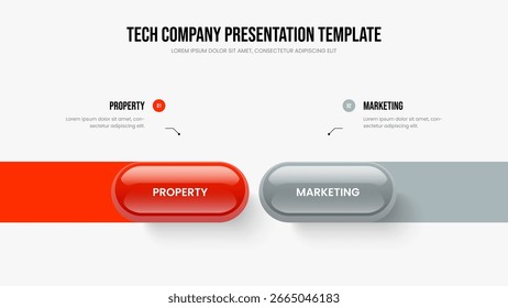 Corporate Development Two Option Infographic Presentation Template. Modern Visualization 2 Step Diagram Slide Design. Sales Showcase Frame Layout Vector Illustration.