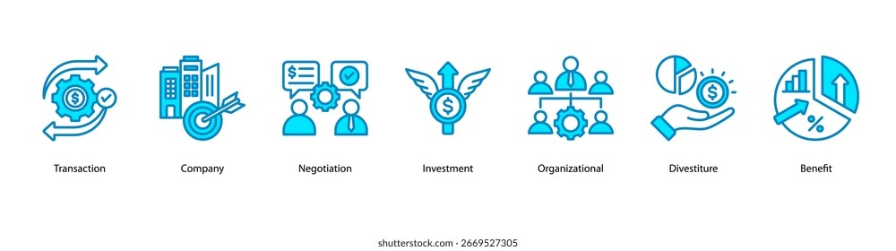 Webbanner-Symbol für Unternehmensentwicklung, Vektorgrafik mit Transaktionen, Unternehmen, Verhandlungen, Investitionen, Organisation, Veräußerung und Nutzen.
