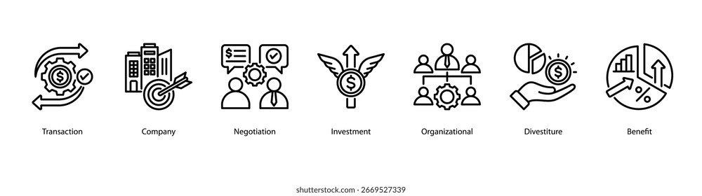 Ilustración vectorial de íconos de Anuncio de Web de Desarrollo Corporativa con Transacción, Compañía, Negociación, Inversión, Organización, Desinversión y Beneficio.