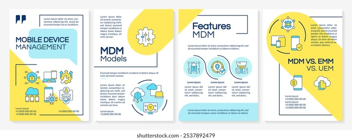Os dispositivos corporativos controlam o modelo de folheto azul e amarelo. Projeto de folheto com ícones lineares. 4 layouts vetoriais editáveis para apresentação, relatórios anuais