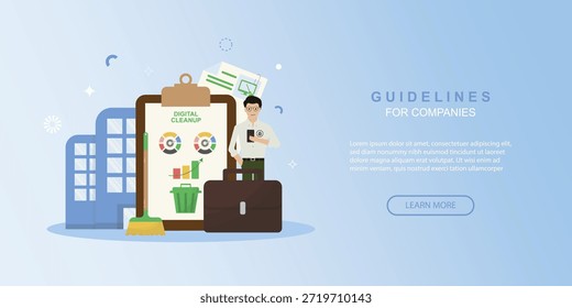 Anuncio Corporativa de lineamientos de limpieza digital. hombre de negocios con lista de verificación junto a la papelera de reciclaje, escoba, maletín, gráficos y edificios para la organización de datos de la empresa. Limpieza digital. Ilustración vectorial