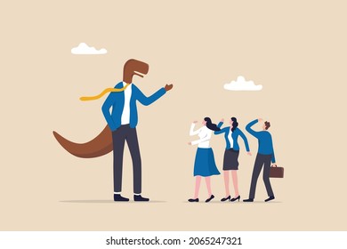Corporate dinosaur, outdated boss refusing to change anything, bad leader or office ancient problem concept, funny dinosaur raptor businessman senior management talking with colleagues in the office.