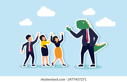 Corporate dinosaur an outdated boss refusing change, a bad leader, an ancient office problem, concept of A funny dinosaur raptor businessman chats with colleagues in the office