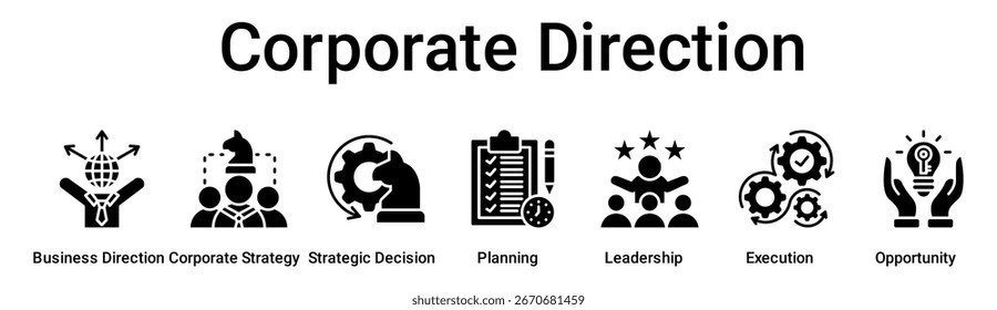 Ilustração vetorial do ícone da Web da direção corporativa para o negócio com o ícone da direção do negócio, estratégia corporativa, decisão estratégica, planejamento, liderança, execução.