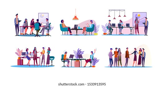 Corporate discussion illustration set. Colleagues meeting at table, discussing project at workplaces. Communication concept. Vector illustration for topics like business, partnership, teamwork
