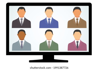 Corporate diversity illustration vector isolated on white. Cartoon business people in different suit dress and race into a computer monitor. Working together, company, partnership,teamwork concept.