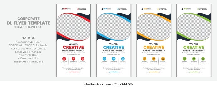 Corporate DL Flyer Template Design with Red, Blue, Yellow, and Green Color Variation - Shutterstock ID 2057944796