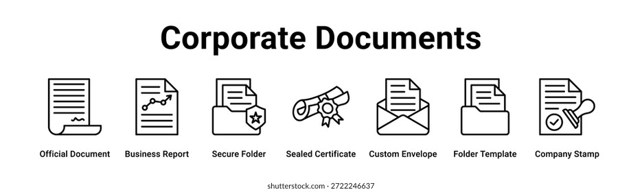 Corporate Documents Web-Banner-Symbol, Vektorgrafik-Konzept für Unternehmen mit dem Symbol des offiziellen Dokuments, Geschäftsbericht, Sicherer Ordner, Versiegeltes Zertifikat, Benutzerdefinierter Umschlag, Ordnervorlage.