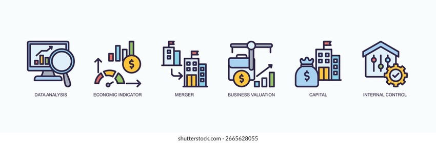 Corporate Dynamics Icon Set Isolated Vector Illustration Concept With Icon Of Data Analysis, Economic Indicator, Merger, Business Valuation, Capital, Internal Control, In Outline Color Style