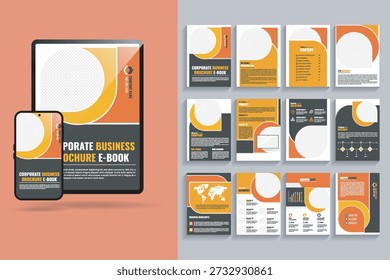 Corporate Ebook Template. 12 page Annual Report Digital brochure orange and yellow color Brochure for Mac, Macbook, Ipad, Tablet, Computer