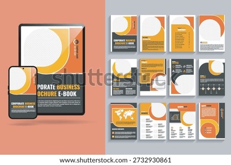 Corporate Ebook Template. 12 page Annual Report Digital brochure orange and yellow color Brochure for Mac, Macbook, Ipad, Tablet, Computer