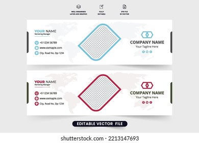 Corporate email signature layout vector for social media cover. Individual text mail interface and footer design with red and blue colors. Modern email signature design on white background.