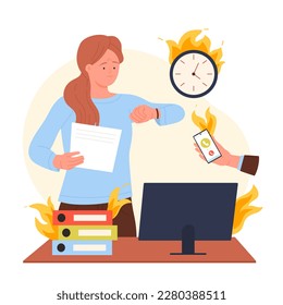 Corporate employee stress due to deadline vector illustration. Cartoon woman looking at wrist watch, standing at office computer desk with flame on folder, hand giving burning phone with business call