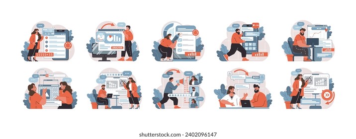 Entorno corporativo. Profesionales en acción en diversas operaciones financieras y estratégicas, desde banca móvil hasta análisis estadísticos y reuniones de equipo. Paquete de ilustración de vector plano.