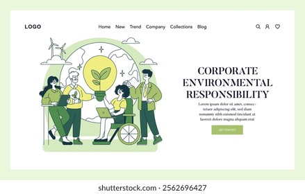 Corporate Environmental Responsibility concept. Business team implements green practices for sustainability. Workplace eco-friendliness, renewable energy advocacy. Vector illustration.