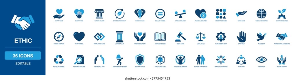 Corporate Ethic Solid Icon Set assessing fair justice scale, kind donation, green recycle, true compass, rigid pillar, and mutual handshake factors for moral business conduct and sustainability.