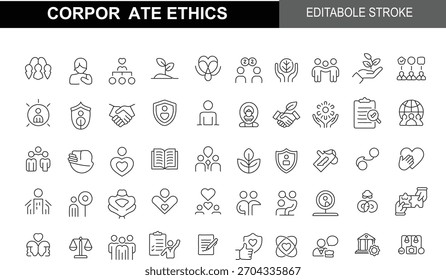 Conjunto de ícones de linha de ética corporativa. Traço editável. Contém símbolos para responsabilidade social, confiança, equidade, aperto de mão, integridade, valores, conformidade e controle de negócios.
