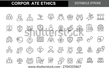 Corporate Ethics Line Icons Set. Editable Stroke. Contains symbols for Social Responsibility, Trust, Fairness, Handshake, Integrity, Values, Compliance, and Business Governance.