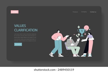 Corporate ethics and values clarification concept. Diverse professionals engage in a discussion with symbolic elements. Modern corporate identity discussion. Vector illustration.