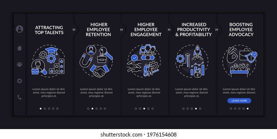 Corporate ethos benefits onboarding vector template. Responsive mobile website with icons. Web page walkthrough 5 step screens. Higher employee engagement night mode concept with linear illustrations