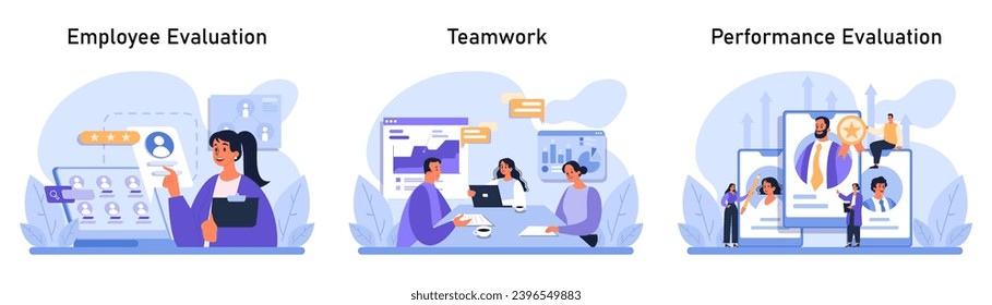 Corporate Evaluation set. Insightful feedback on employee, collaborative workspace dynamics, and recognizing top-performing talents. Evaluation, teamwork, and performance appraisal. Flat vector.