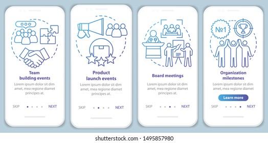 Corporate event management services onboarding mobile app page screen with linear concepts. Team building, product launch events walkthrough steps graphic instructions. UX, UI, GUI vector template