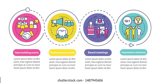 Corporate event management services vector infographic template. Team building, product launch events. Data visualization with four steps. Process timeline chart. Workflow layout with linear icons