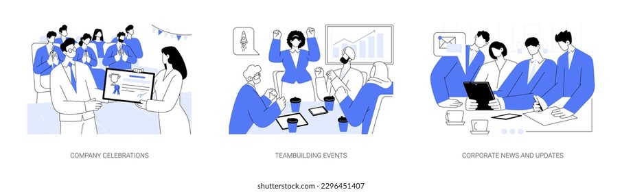 Corporate events abstract concept vector illustration set. Company celebrations, teambuilding events, corporate news and updates, employee couching, workshops and activities abstract metaphor.