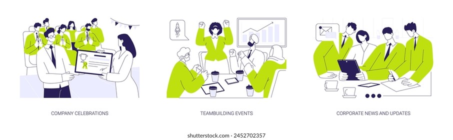 Corporate events abstract concept vector illustration set. Company celebrations, teambuilding events, corporate news and updates, employee couching, workshops and activities abstract metaphor.