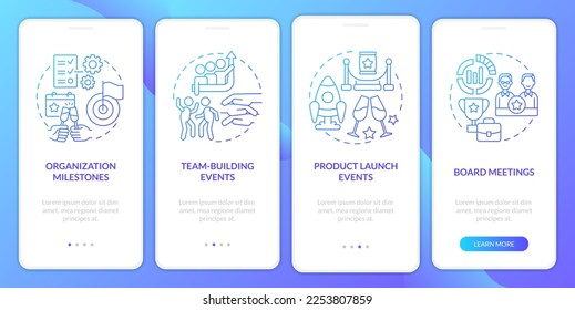 Corporate events examples blue gradient onboarding mobile app screen. Company walkthrough 4 steps graphic instructions with linear concepts. UI, UX, GUI template. Myriad Pro-Bold, Regular fonts used