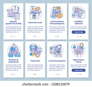 Corporate events planning service onboarding mobile app page screen with linear concepts. Company event management walkthrough graphic instructions. UX, UI, GUI vector templates set with illustrations