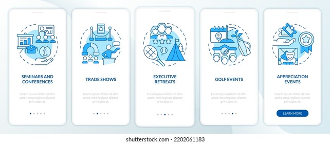 Corporate events types blue onboarding mobile app screen. Business walkthrough 5 steps editable graphic instructions with linear concepts. UI, UX, GUI template. Myriad Pro-Bold, Regular fonts used
