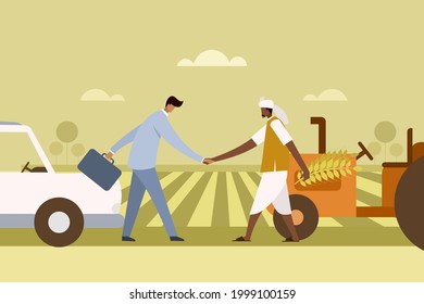 A corporate executive shake hands with a farmer against a farm background