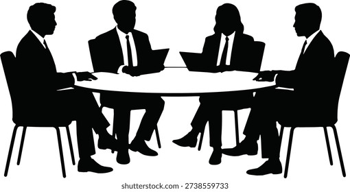 Corporate executives seated around table silhouette in black vector style. Ideal for teamwork, board meetings, strategy planning, and business collaboration graphics.