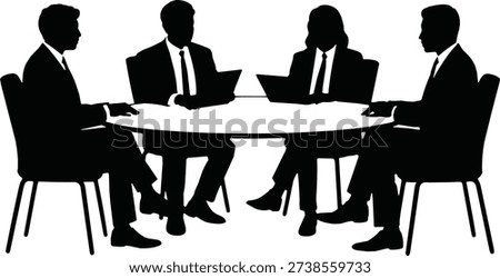 Corporate executives seated around table silhouette in black vector style. Ideal for teamwork, board meetings, strategy planning, and business collaboration graphics.