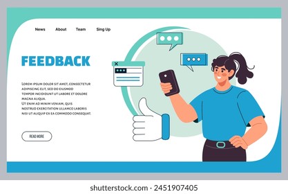 Corporate feedback landing page. Customer support. Woman with smartphone. Business communication. Online helpdesk. Internet contact with client. Web chat. Website interface template. Vector background