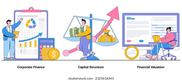 Finanzas Corporativas, Estructura de Capital, Concepto de Valoración Financiera con Carácter. Conjunto de ilustraciones de vectores de resumen de gestión financiera. Ratio De Capital Deuda, Modelación Financiera, Evaluación De Inversiones.