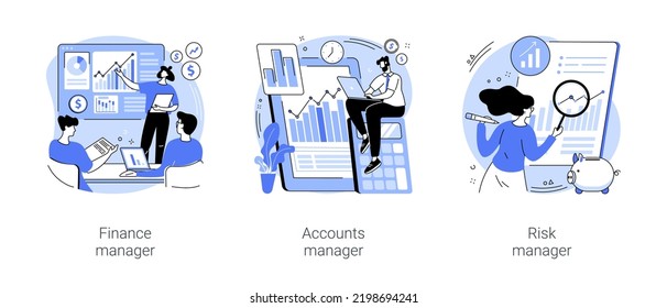 Corporate finance isolated cartoon vector illustrations set. Financial manager make financial report, working with ledger accounts, professional accountant calculates company risks vector cartoon.