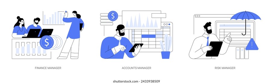 Corporate finance isolated cartoon vector illustrations set. Financial manager make financial report, working with ledger accounts, professional accountant calculates company risks vector cartoon.