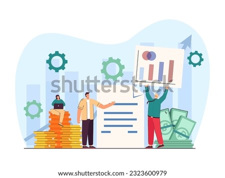 Corporate finance management team vector illustration. Cartoon drawing of tiny company people with gold coins and banknotes, budget report and chart. Finances, budget, business concept