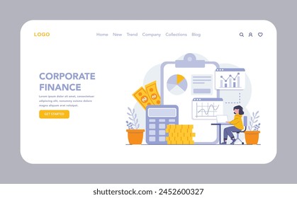 Corporate Finance web or landing page. An analyst strategizes on investment, budgeting, and financial planning to manage a company's fiscal resources. Focused on economic growth. Vector illustration.